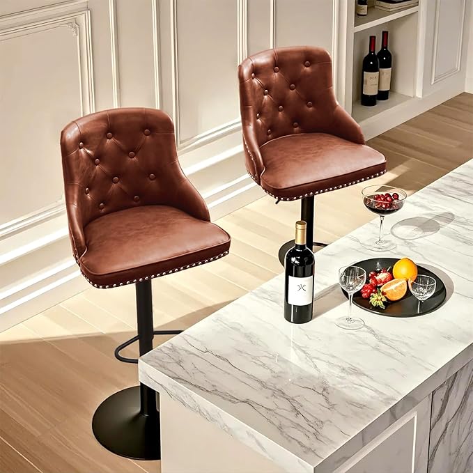 Modern Counter Stools Set of 2, Swivel Counter Height Bar Stools with Back and Armrests, 25'' to 33'' Adjustable Height PU Leather Bar Chairs with Rivets for Kitchen Island, Reddish Brown