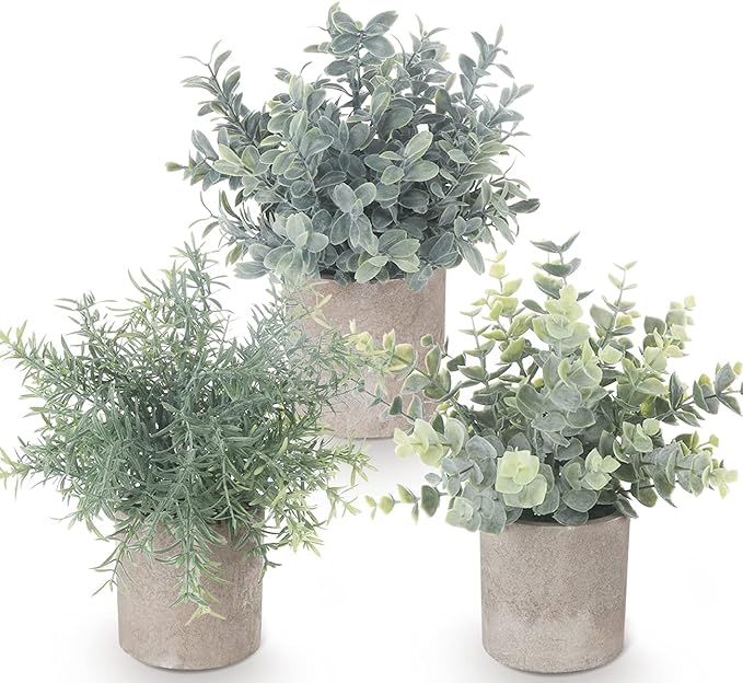 Fake Plants,3Pack Small Artificial Plants Mini Potted Faux Plants Indoor For Home Decor,Eucalyptus Greenery Plastic Green Grass Fake Plants for Shelves Desk Bathroom Bedroom Farmhouse Shelf Decor