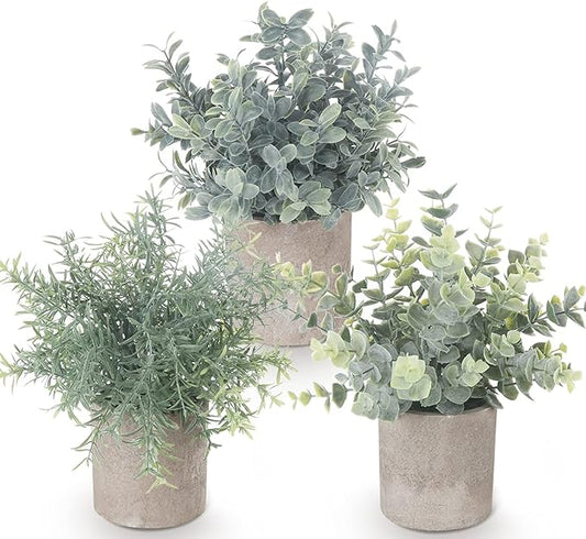 Fake Plants,3Pack Small Artificial Plants Mini Potted Faux Plants Indoor For Home Decor,Eucalyptus Greenery Plastic Green Grass Fake Plants for Shelves Desk Bathroom Bedroom Farmhouse Shelf Decor