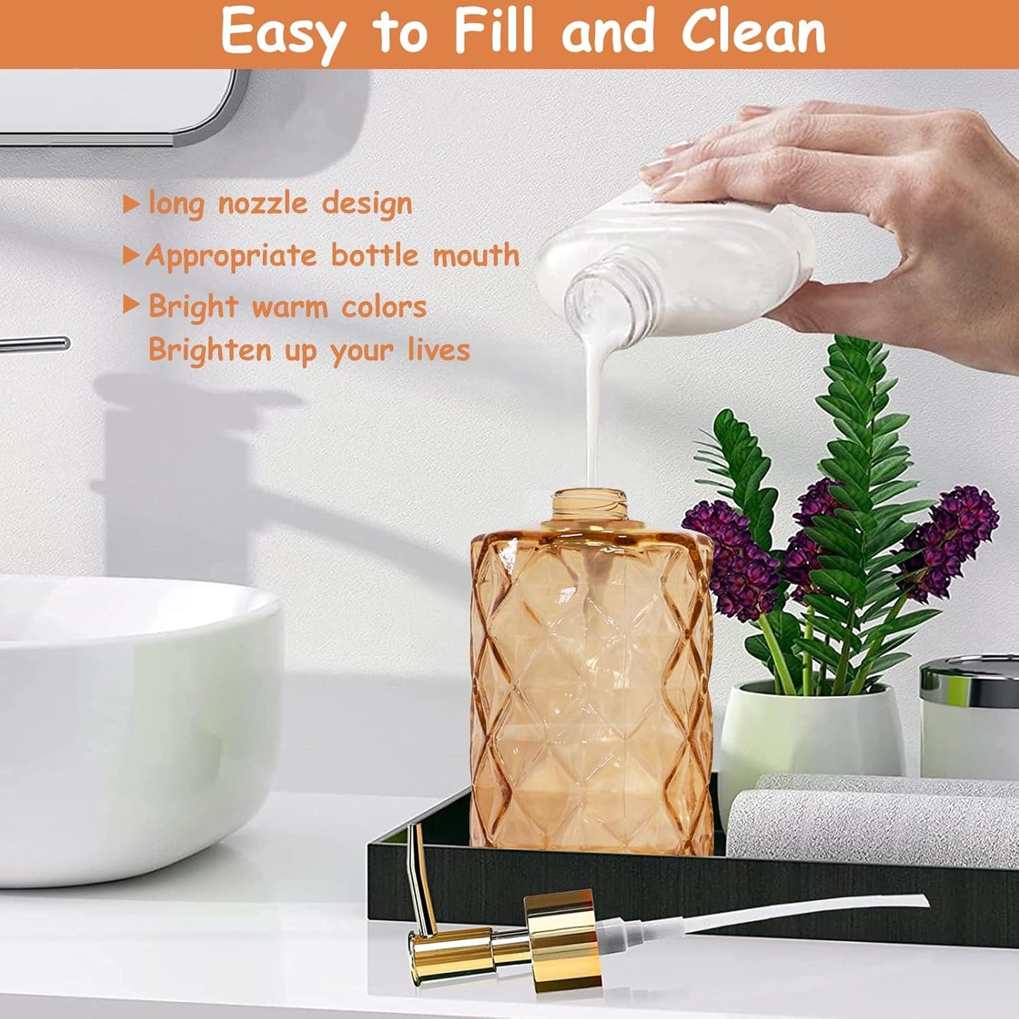 Glass Soap Dispenser with Gold Plastic Pump, 12oz Refillable Liquid Hand Soap Dispenser, 2 Pack Crystal Lotion Bottle for Modern Home Decor, Bathroom, Kitchen Countertop, Hotel(Amber)