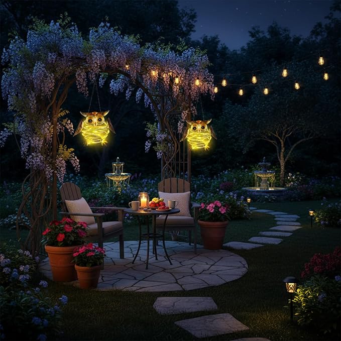 2 Pack Owl Solar Lights Outdoor Hanging Lantern with Handle, Solar Powered Owl Garden Decor for Outside Patio Yard Porch Pathway Butterfly Gifts for Women (Warm White LED Lights)