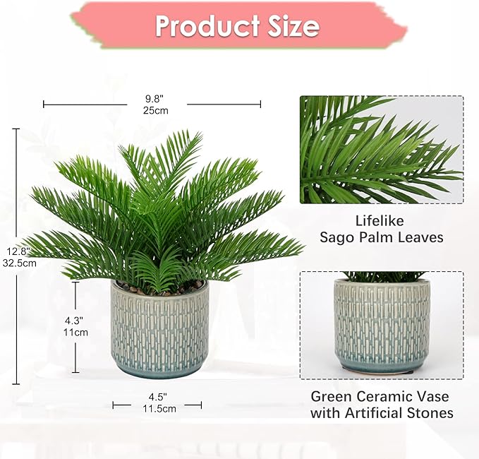 DILATATA Faux Plant Indoor in Ceramic Pot 13" Artificial Potted Sago Palm Fake House Plants for Desk Office Bathroom Garden Decoration