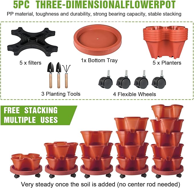 Vertical Strawberry Planter 5 Tier Stackable Tower Herb Planters Stacking Outdoor Garden Planters Pot with Tools Mover for Growing Flowers, Vegetables and Succulents