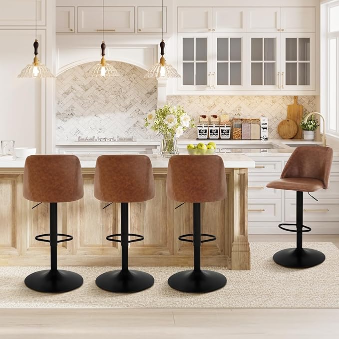 COLAMY Bar Stools Set of 6, Modern Swivel Bar Chairs, Adjustable PU Leather Upholstered Barstools Counter Height with Full Backrest for Bar, Dining Room, Kitchen Island, Brown