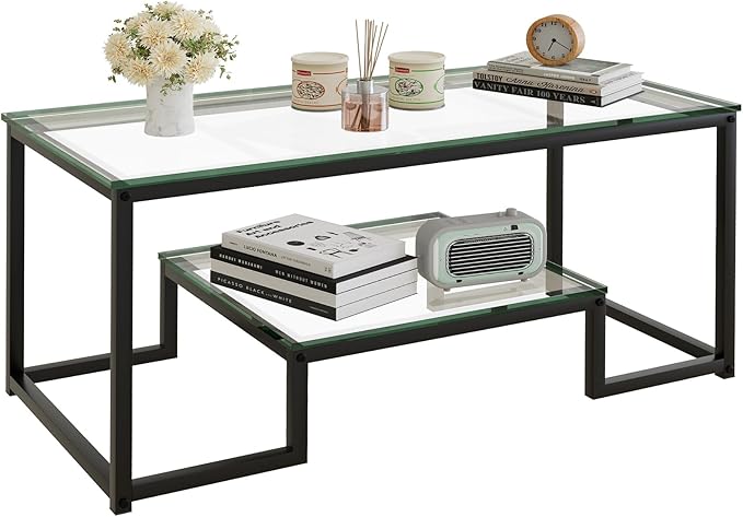 Coffee Table Black Glass Coffee Table for Living Room,2 Tiers Rectangle Center Table with Sturdy Metal Frame,Modern Tempered Glass Accent Table for Bedroom Home Office