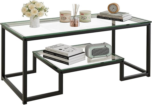 Coffee Table Black Glass Coffee Table for Living Room,2 Tiers Rectangle Center Table with Sturdy Metal Frame,Modern Tempered Glass Accent Table for Bedroom Home Office