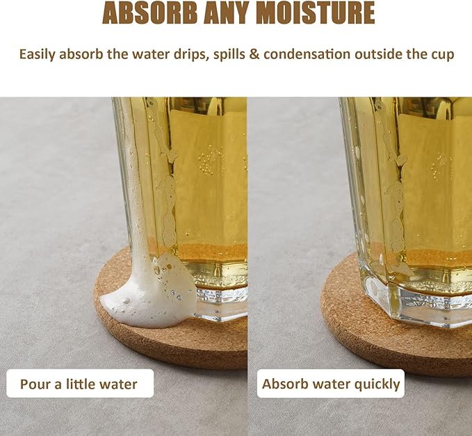 8 Pcs Drink Coasters with Holder, Thicker Cork Coasters for Drinks Absorbent for Coffee Table Wooden Coaster Set Tabletop Protection Cup Mat Bar Kitchen Living Room House Home Decor Housewarming Gift