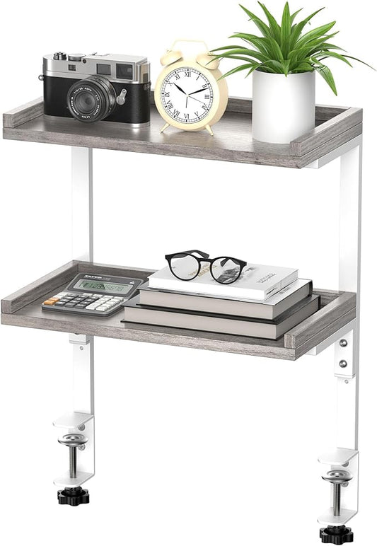 Clamp On Desk Shelf 2-Tier, 12.5 inch Wood Shelving Unit for Office Desk/Gaming Accessories, Tabletop Book Storage Rack, Shelf for Top & Under of Desk, Grey