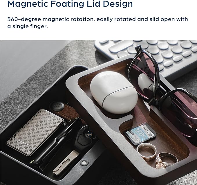 mordeco Revov Tray Box, EDC Valet Tray Box with Authentic Wood Magnetic Rotating Lid, Office Table, EDC Gear Organizer, Home Office, Desk Accessories (White)