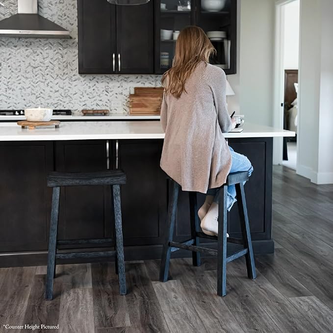 Maven Lane Kitchen Bar Stool, Modern Farmhouse Wood Barstool, Kitchen Island Chairs, Pub Bar Height Stools for Kitchen, Wide Comfortable Seat Backless Bar Stools, Vincent 31", Antiqued Black, Set of 3