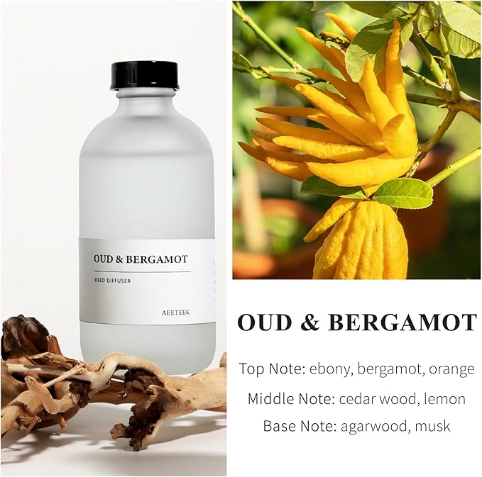 Oud Bergamot Reed Diffuser, 7.4oz(220ml) Orange & Cedar Wood Essential Oils, Air Freshener for Bathroom with Willow Branches Decor, Long Lasting Fragrance for Home, Office (1-Pack)
