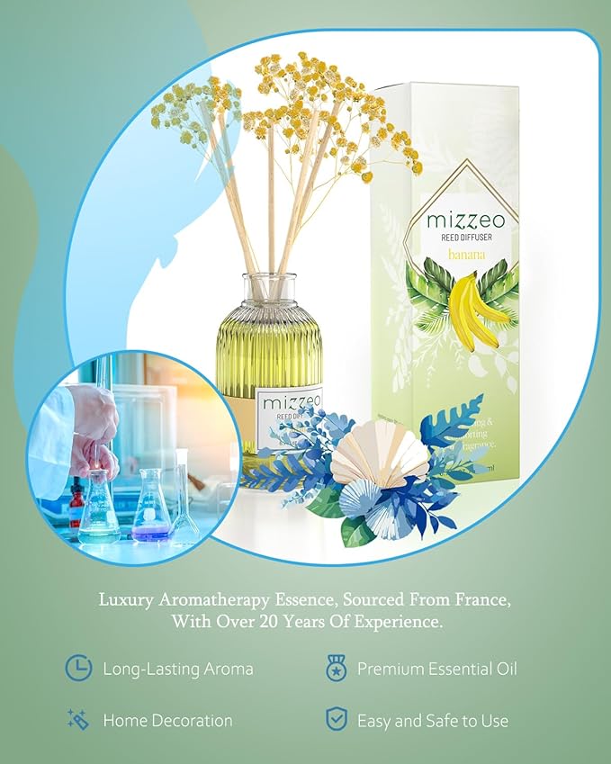 MIZZEO Reed Diffuser Set, Banana 6.76 fl oz Highly Scented Room Diffuser Home Fragrance Essential Oil Reed Flower Diffuser, House Bedroom Office Decor & Gifts