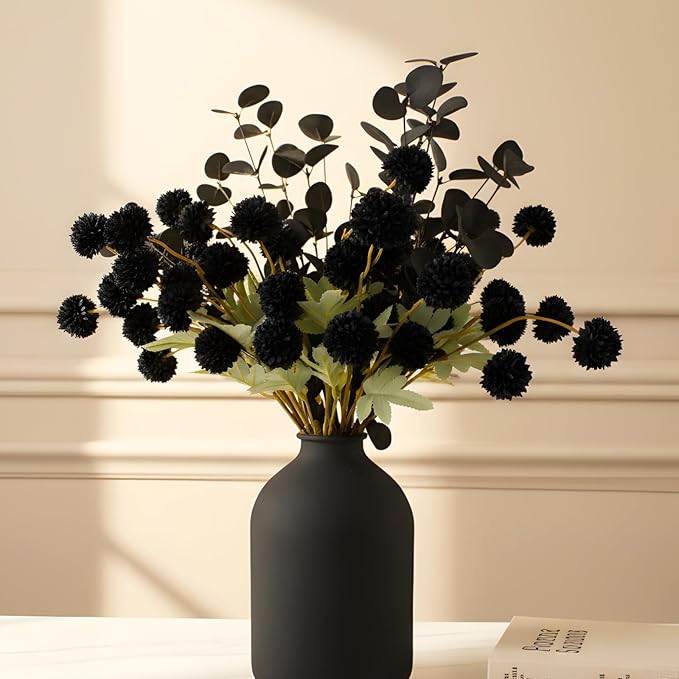 RyddeligHome Black Artificial Flowers for Centerpieces Bulk 10 Long Stems /50 Small Faux Silk Mum Balls + Black Eucalyptus Stems 2 Branches, Fall Boho Halloween Home Decor Indoor, Gothic Flowers