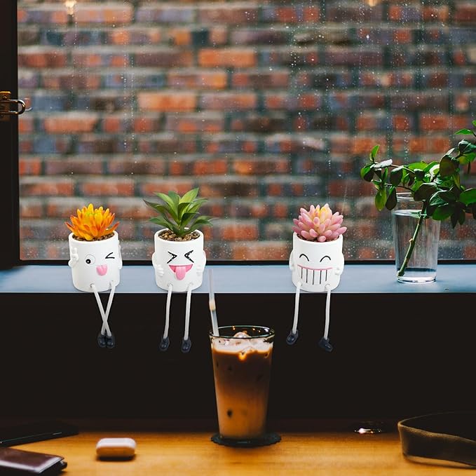 3 Pcs Cute Fake Plant Mini Potted Succulents with Hanging Leg White Pot Creative Artificial Succulent Plants in Funny Pot Faux Succulents for Home Office Shelf Desk Decor and Gift Choice
