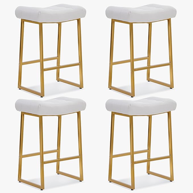 White & Gold Counter Height Bar Stools Set of 4 for Kitchen Counter Modern Backless Barstools with Upholstered Faux Leather Seat and Metal Frame Industrial 24 inch Bar Chairs