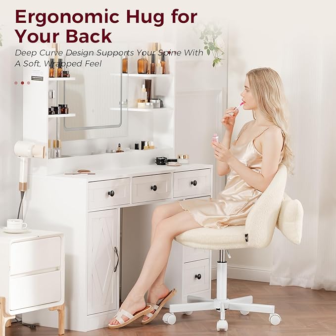 COMHOMA Vanity Chair with Teddy Velvet, Small Tall Armless Chair with Back, Cute Candy Chair for Girls Gift Living Room/Makeup Room/Bedroom/Kitchen (Height Use: Adjustable from Desk to Bar Height)