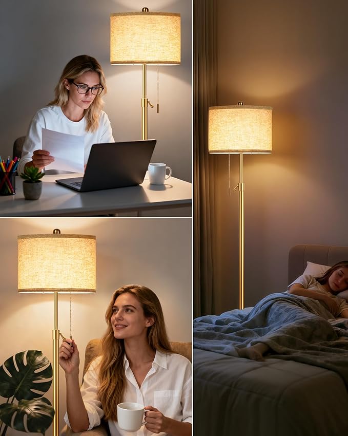 Modern Gold Floor Lamp for Living Room - Adjustable Height Standing Lamp with Marble Base & Linen Shade, 3-Way Dimmable Tall Floor Light for Bedroom, Reading, Bulb Included