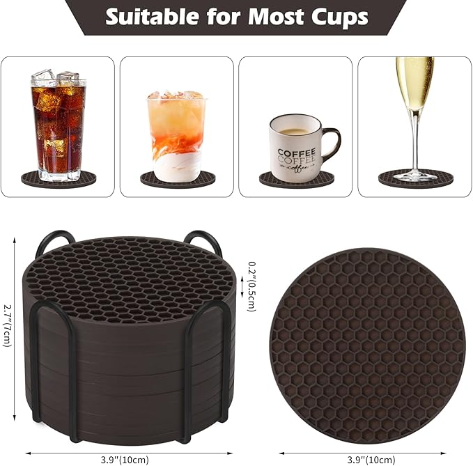 Silicone Coasters Set of 12 with Holder,Coasters for Drinks,Beer,Coffee Coasters,Suitable for Kinds Cups,Hot or Cold,Anti-SLI,Non-Stick,Anti-Overflow Tabletop Protection and Decor (12 Pcs, Coffee)