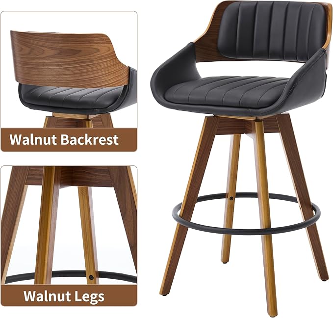 Swivel Bar Stools Set of 2, Walnut Counter Height Bar Stools with Back and Arms, 26" Modern Faux Leather Upholstered Bar Chairs for Kitchen Island Bar-Black