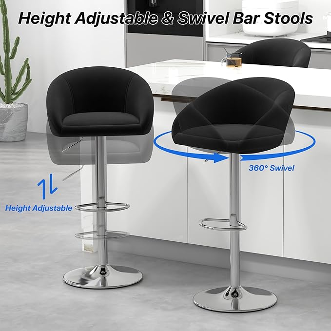 KCC Velvet Bar Stools Set of 2, Counter Height Bar Stools with Low Back, Swivel Barstool for Kitchen Island, Bar Pub (Black)