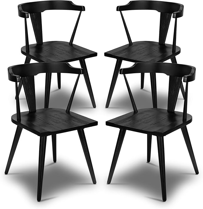 POLY & BARK Mid Century Modern Enzo Black Dining Chair – Solid Oak Wood Splat Back Chair, 18" Seat Height, 32" Tall – Stylish MCM Kitchen & Dining Room Chair - Set of 4