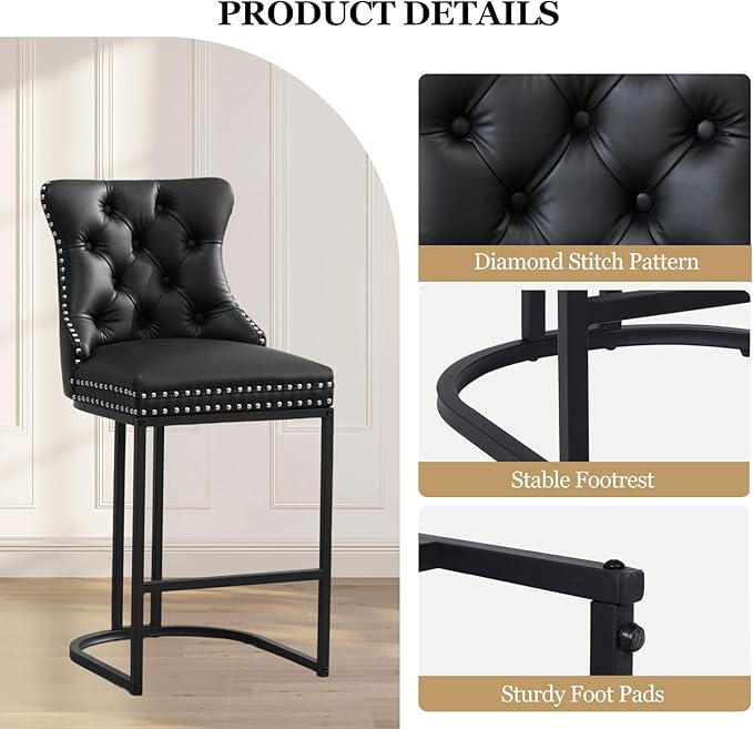 UVV Counter Height Bar Stools Set of 1, 26" Modern Barstools with Back, Faux Leather Upholstery Counter Chairs with Metal Legs for Kitchen Island, Bar, Counter, Black