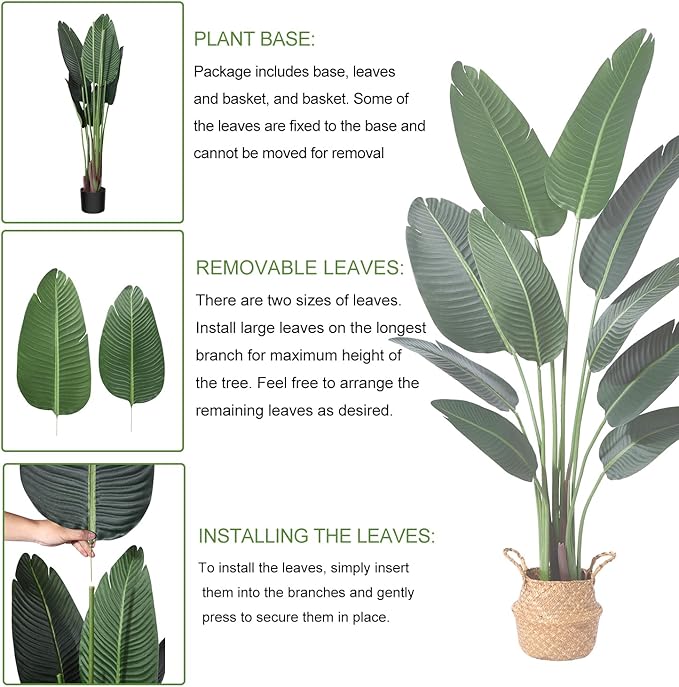 Artificial Bird of Paradise Plants 5Ft Fake Tropical Palm Tree with 10 Trunks in Pot and Woven Seagrass Belly Basket Perfect Faux Plant for Home Indoor Outdoor Office Modern Decor Green