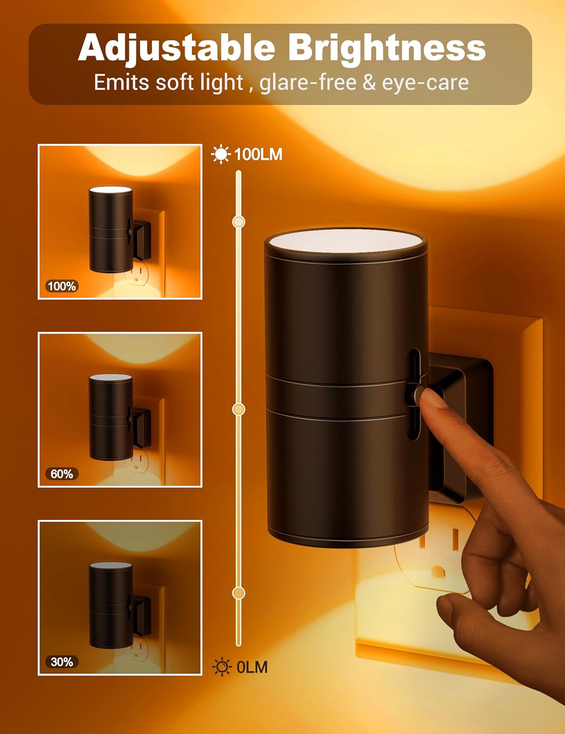 Amber Night Lights Plug into Wall, Dimmable Night Light Plug in, Modern Night Lights Auto On/Off, Amber Night Light 2000K, 0-100LM Adjustable Brightness Nightlight for Hallway Bedroom, 2 Pack