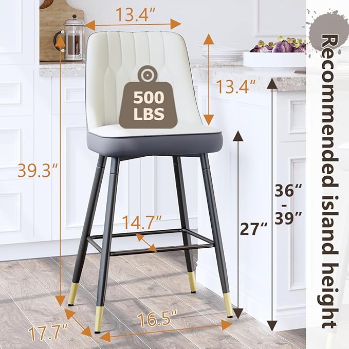 Counter Height Bar Stools Set of 2,27" Modern Bar Stools with Back,Upholstered Counter Height Bar Stool with Sturdy Metal Footrest,Kitchen Island Chairs for Home Pub (White-Grey,2)