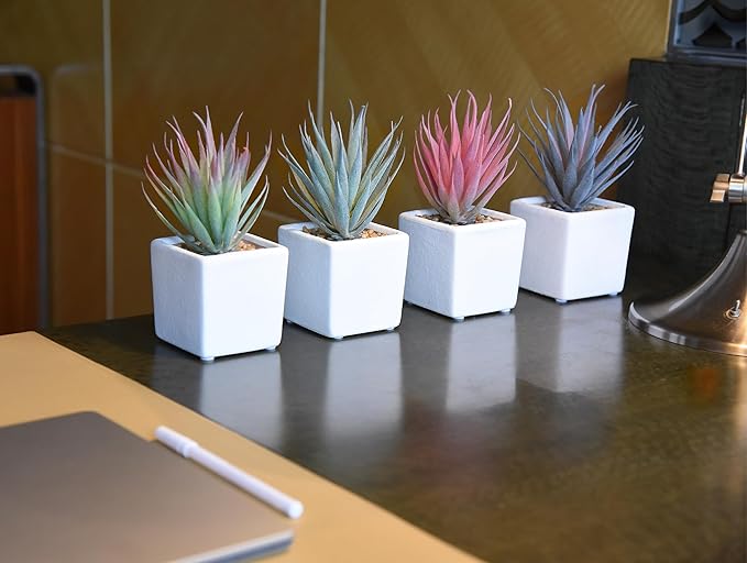 SUNPRAIRIE Classic Set of 4 Faux Succulents 7” Tall in Ivory White Stucco Ceramic Pots-Realistic Multi Colored Artificial Succulents Plants for Home & Office Decor.