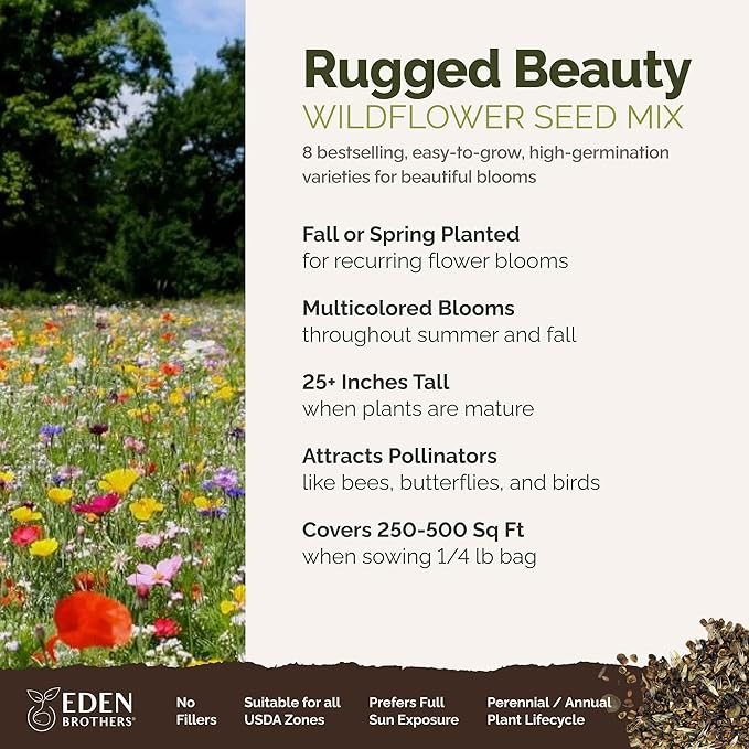 Eden Brothers Rugged Beauty Flower Mixed Seeds for Planting, 1/4 lb, 120,000+ Seeds with Cornflower Tall Blue, Candytuft | Attracts Pollinators, Plant in Spring or Fall, Zones 3, 4, 5, 6, 7, 8, 9, 10