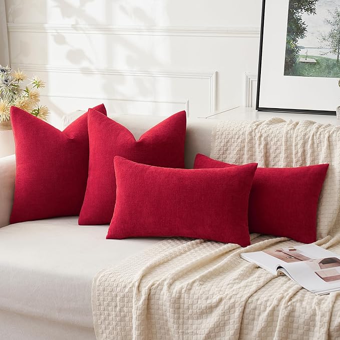 MIULEE Red Couch Pillow Covers 18x18 Inch, Set of 2 Soft Chenille Decorative Square Throw Pillow Covers Christmas Farmhouse for Sofa Living Room Bed