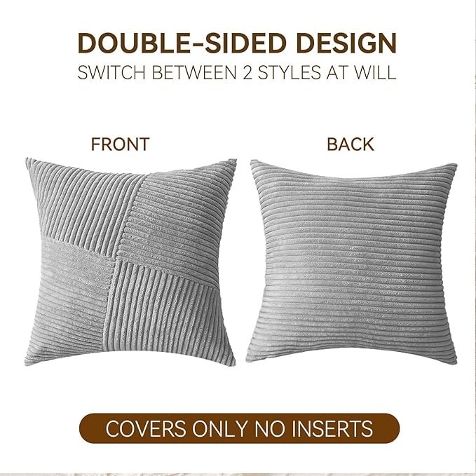 Decorative Throw Pillow Covers 20x20 Inch Set of 2 for Boho Living Room Farmhouse Home Decor, Spring Pillow Covers for Couch Bed, Soft Corduroy Striped Patchwork Cushion Cases, Light Gray