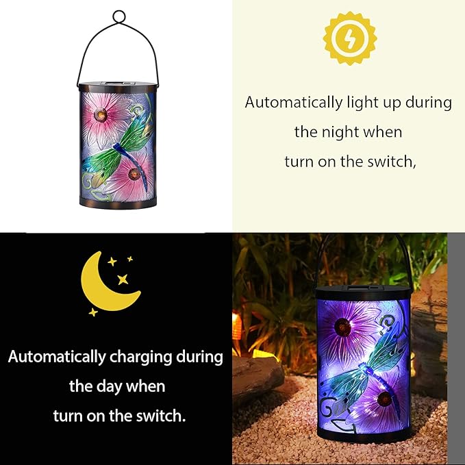 Afirst Solar Lantern Outdoor Hanging Glass Solar Dragonfly Lights Waterproof Led Lamp for Garden Yard Tree Desk Decor