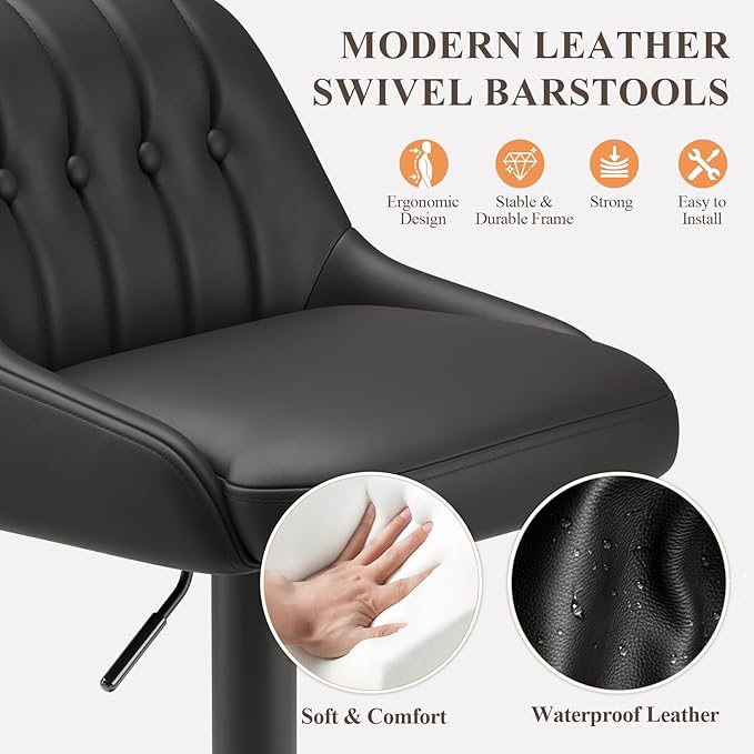 Bar Stools Set of 6, Swivel Bar Chairs, Modern Adjustable PU Leather Upholstered Barstools Counter Height with Tufted Back for Bar, Kitchen Counter Island, Dining Room, Black