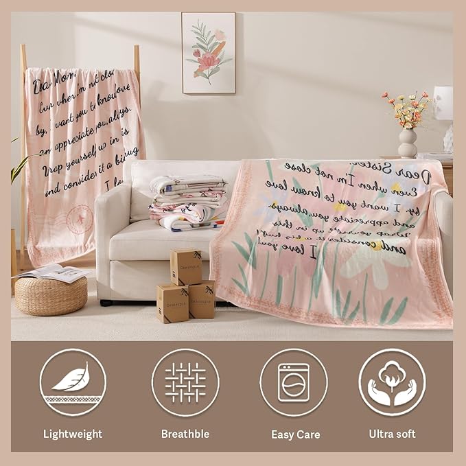 Geniospin Throw Blanket Gifts for Sister, Dear Sister Blanket for Birthday Presents, Super Soft Flannel Throw Blanket for Christmas for Couch Bed Sofa, Warm and Cozy