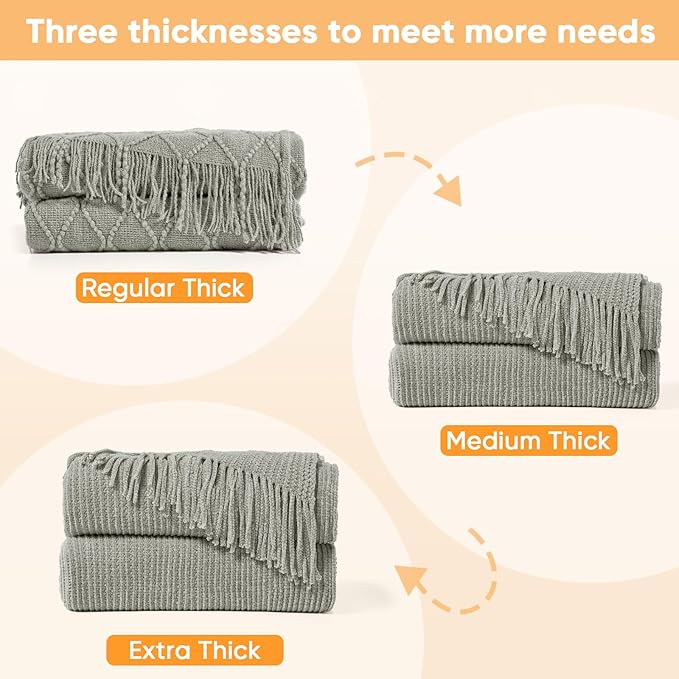 inhand Throw Blanket for Couch Bed,Chunky Chenille Woven Soft Blankets with Tassels, Cozy Boho Farmhouse Fall Winter Decor,Warm for Women,60"x80",Extra Thick-Light Grey