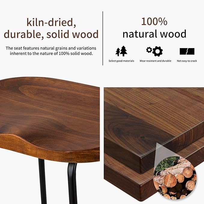 HeuGah Bar Stools, Solid Wood Barstools Set of 2, 30" Bar Height Bar Stools with Metal Leg, Rustic Backless Bar Stool for Kitchen Island, Bar Chairs with Solid Wood Saddle Seat (Walnut, 30 Inch)