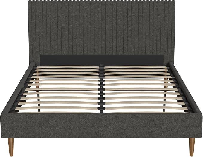 Mr. Kate Daphne Upholstered Queen Bed Frame with Headboard, Modern Platform Queen Bed Frame, Dark Gray Linen