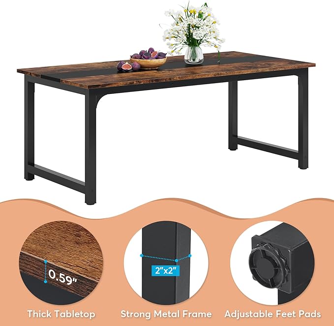 LITTLE TREE 70.9 Inch Large Dining Table Rectangular Kitchen Furniture for 6 to 8 People, Brown+Black