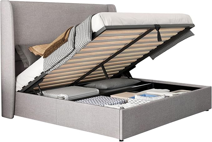 Jocisland Queen Size Lift Up Storage Bed Frame Linen Upholstered Platform Bed/Hydraulic Storage/Modern Wingback Headboard/No Box Spring Needed/Wood Slats Support/Light Grey