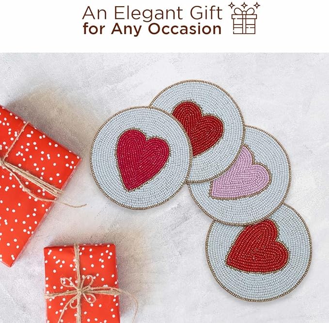 Folkulture Beaded Coasters for Drinks | Set of 4 (4") Round Decorative Bar Coasters for Table Décorations | Modern Coaster for Coffee Table for Her or Housewarming Gift