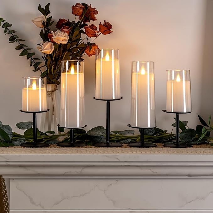 Homemory Holloween Fall Candle Holders for Pillar Candles Set of 5, Decorative Metal Candle Stands Pillar Holder Decor (Black)