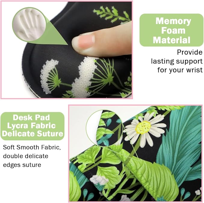 Keyboard Mouse Pad Set, Extended Mouse Pad+Keyboard Wrist Rest Support, Memory Foam Ergonomic Easy Typing, 3Pcs (35.4×15.7 in) Desk Pad Set for Home Office Study Game - Weeds