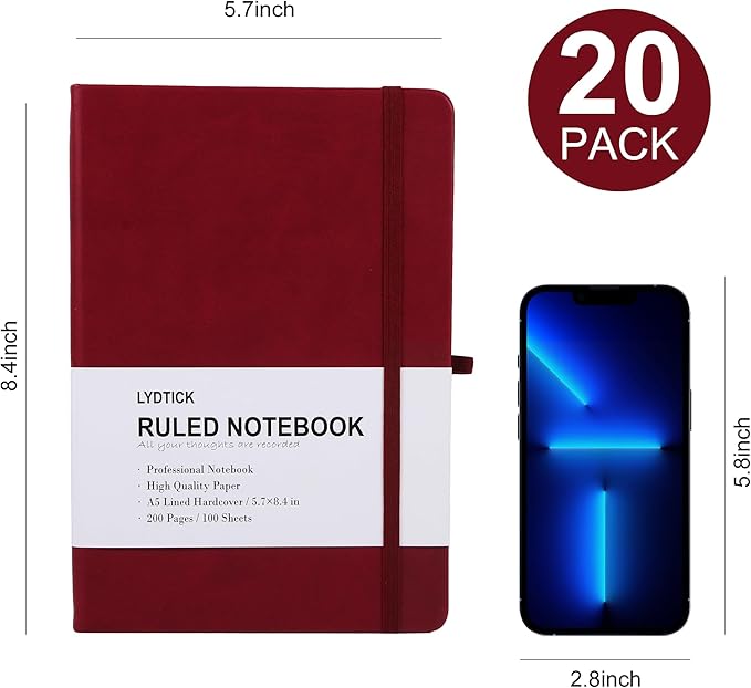20 Pack Journals for Writing College Ruled Notebooks Journal in Bulk, Hardcover Notebooks (200Pages) for Note Talking, Lined Bullet Journals for Home School Office, 5.7"x8.4", Red