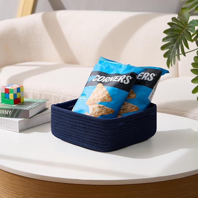 Small Square Shallow Baskets for Organizing, 9.7x9.7x4.3 Inch Rope Woven Storage Bins for Cubes Closet, Shelves Storage, Boho Decorative Basket, 2 Packs Navy Blue