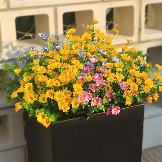 Artificial Outdoor Plants Faux Zinnia Flowers Eucalyptus 16 Bundles Fake Daisy Fade Resistant Wild Flowers Look Real Colorful Flower for Planter Front Porch Decor (16 Bundles 4 Colors)
