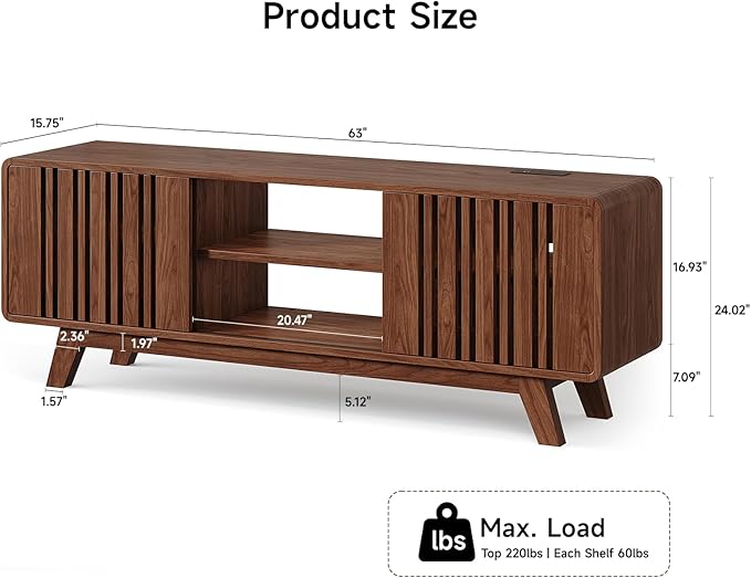 ONBRILL 63-Inch TV Stand for TVs up to 75 Inch, Mid-Century Modern Television Stand with Power Outlet, Entertainment Center with Sliding Grille Door Cabinets and Open Shelves for Living Room, Walnut