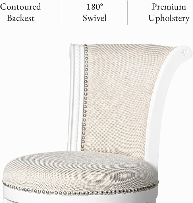 Maven Lane Pullman Counter Stool 26 Inches – Set of 3 – Swivel Stools with Footrest – White Solid Wood Frame & Natural Fabric Upholstery – Perfect for Kitchen Islands & Counters