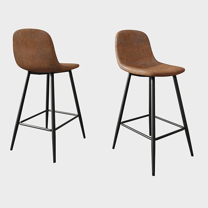 Modern Bar Stools Set of 2,Brown Techno-Fabric Counter Height Bar Stools,24.6" Bar Chairs with Back Metal Footrest,Modern Counter Stool with Back and Footrest for Kitchen Island Restaurants Pubs